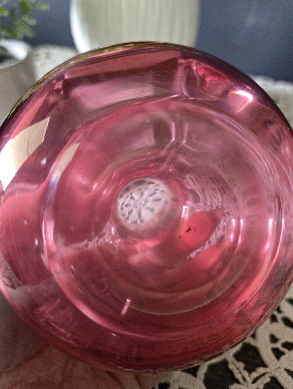 Cranberry Pink Art Glass Ruffled Vase with Applied Clear Handles - Picture 3 of 4
